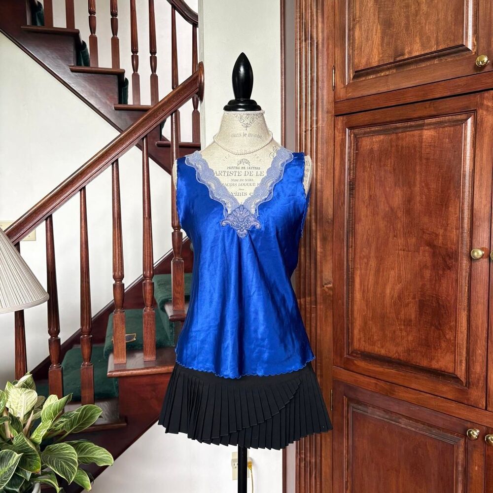 Vintage Ms. B Royal Blue and White Satin Tank Top Blouse Lingerie Sleepwear